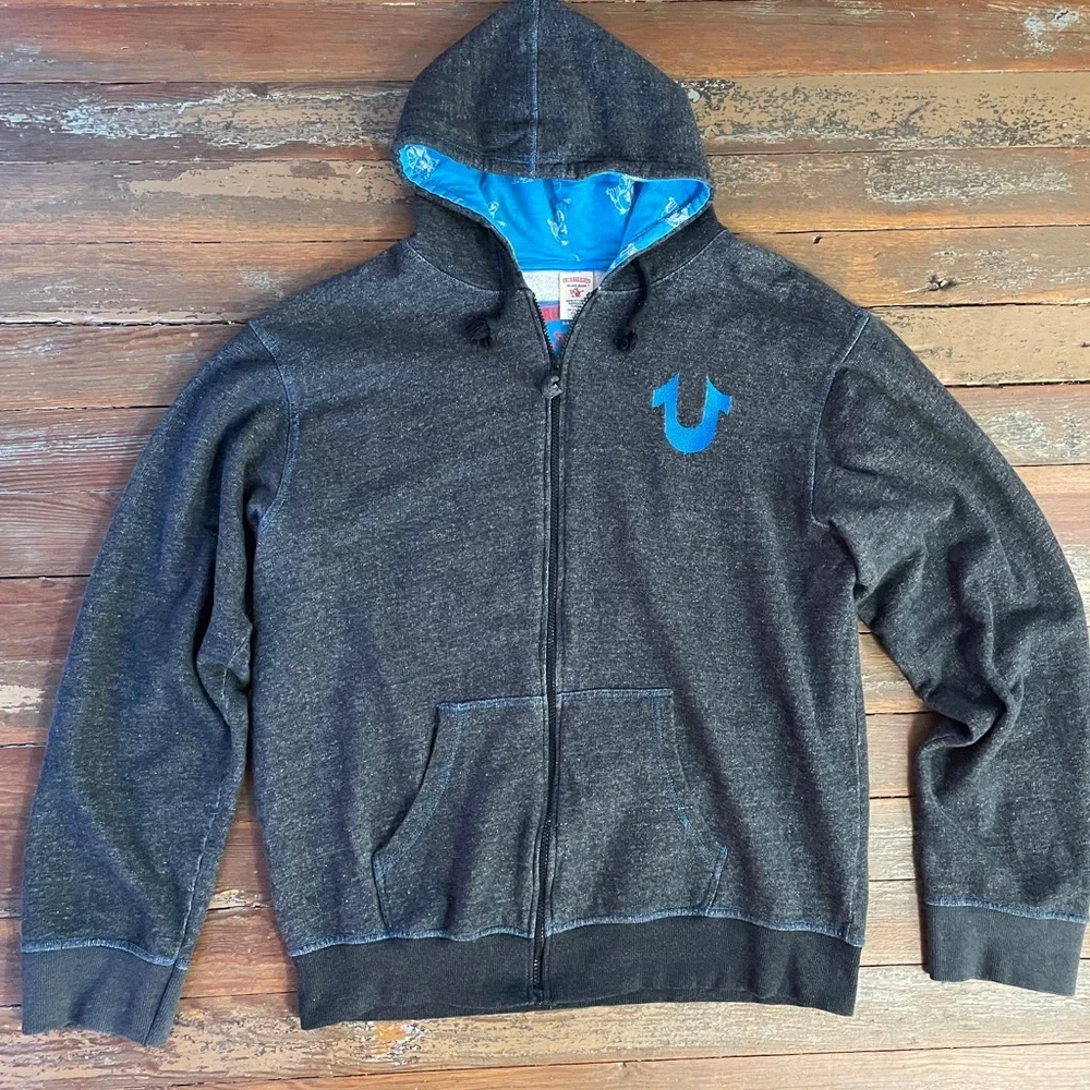 Y2K True Religion Raised Spellout Full Zip Hoodie Charcoal Blue Men’s 2XL🧡🎀